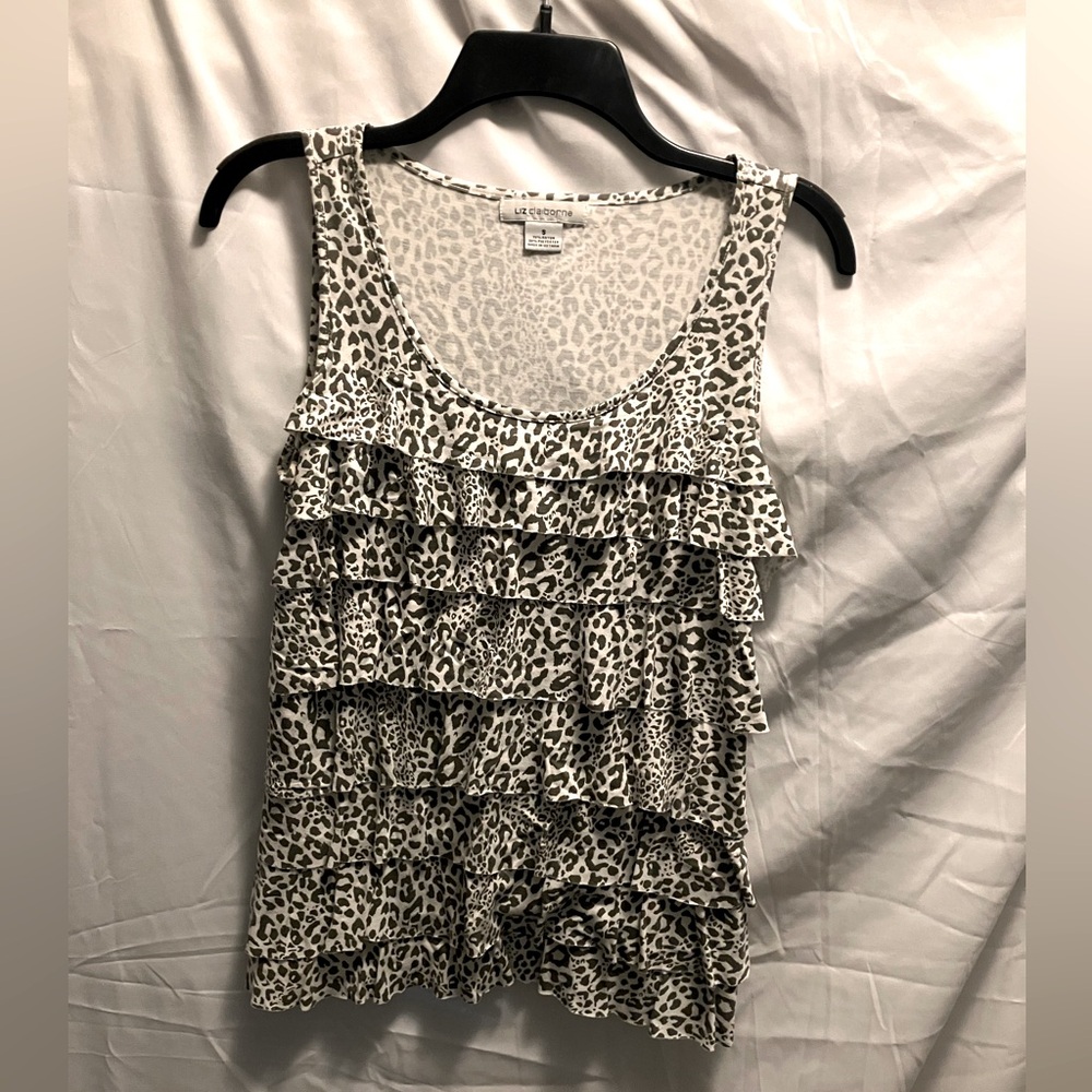 Liz Claiborne Green Leopard Print Ruffle Tank Top